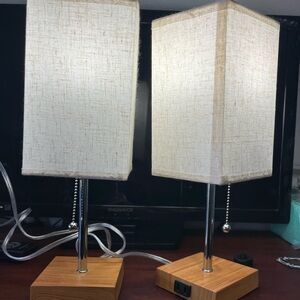 Set of Two Beige Table Lamps with Wooden Base